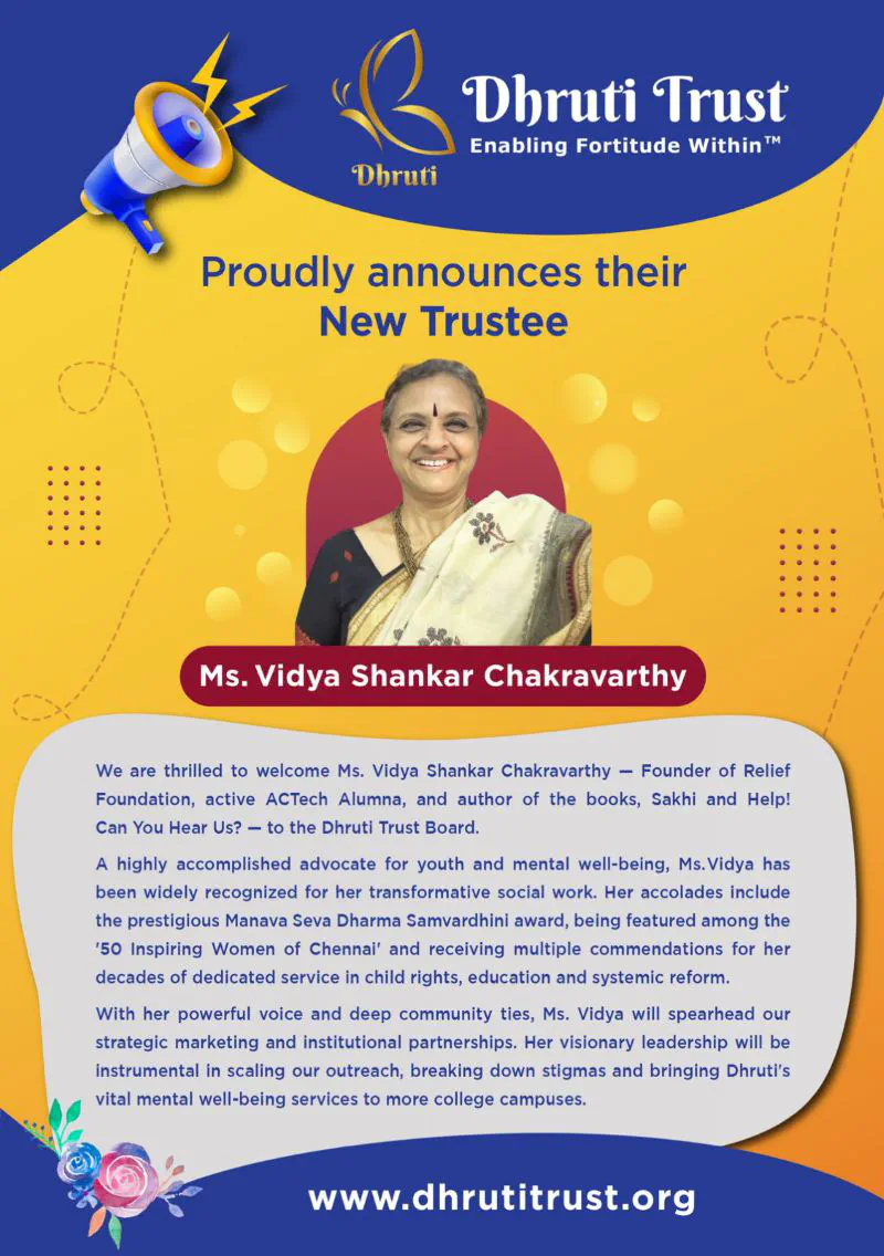 Vidya Shankar announcement related to Dhruti Trust mental health initiative