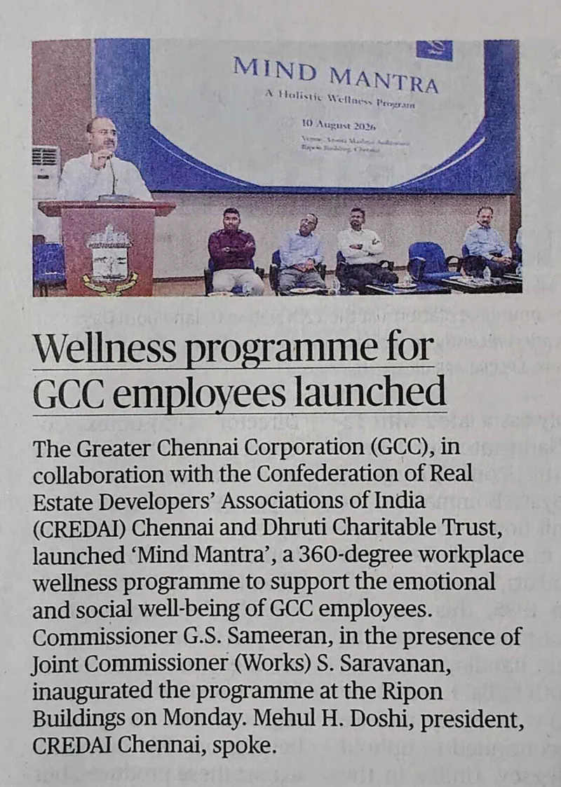 The Hindu newspaper report on Mind Mantra workplace wellness programme launch by GCC, CREDAI Chennai, and Dhruti Charitable Trust